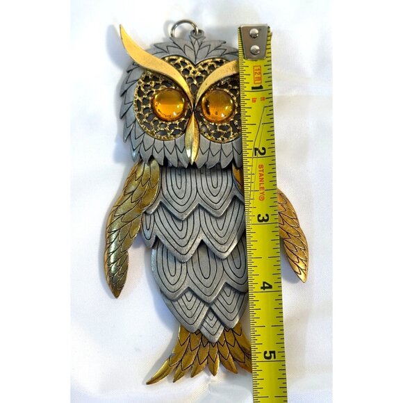 Vintage Owl Pendant Articulated Gold Silver Tone Amber Eyes Retro - Picture 3 of 9